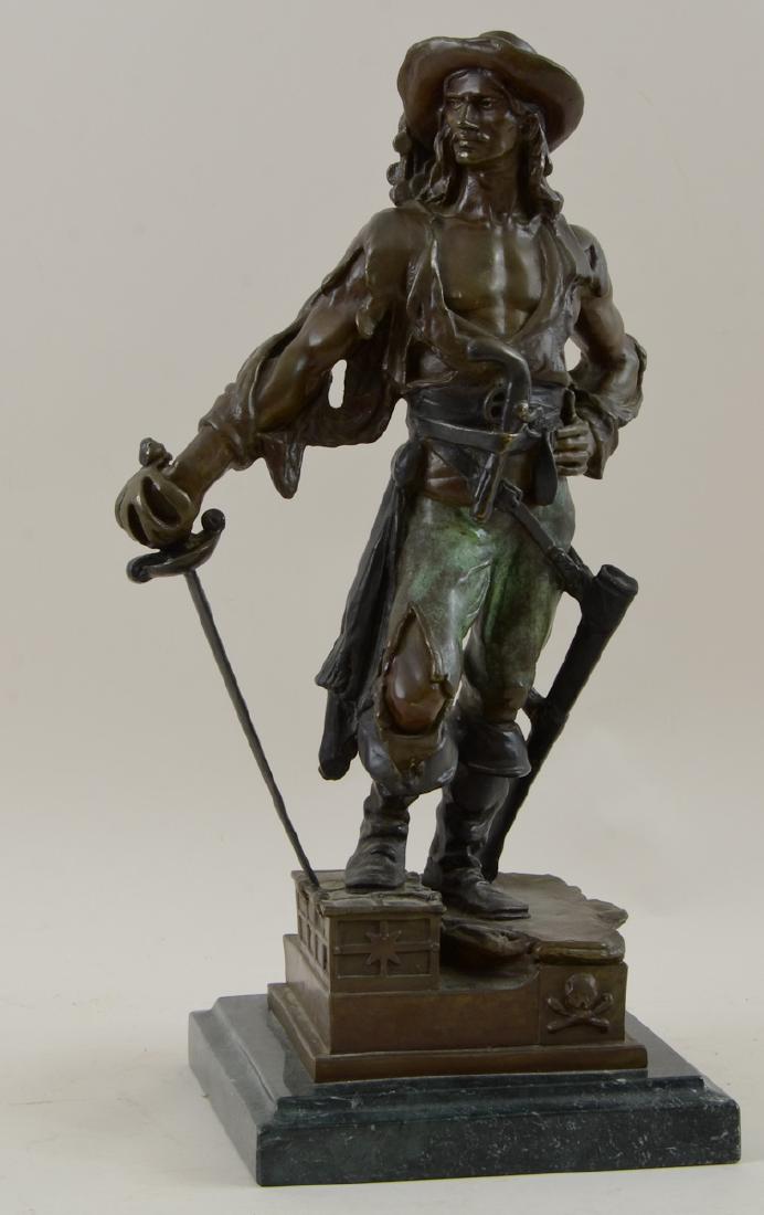 After Eutrope Bouret: Bronze Pirate: Polychrome Painted Bronze Pirate on a Marble base. Unsigned. 19" tall, 8" square at base. Good Condition. First half 20th Century Keywords: Art, Artist, Sculpture, Figure, Figurine