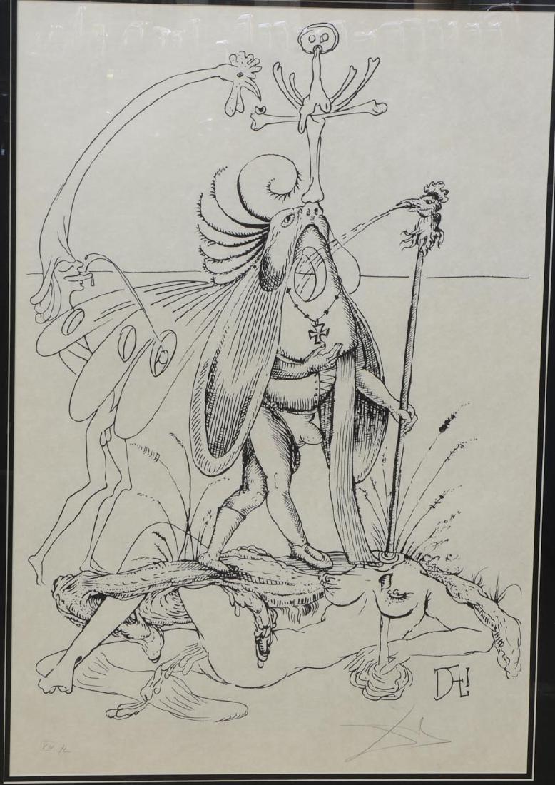 Salvador Dali Lithograph: Pencil Signed Dali, with Roman Numerals XIV/L from Les Songes Drolatiques de Pantagruel, With Certificate taped to back of Frame, also Hand Stamped and pencil signed Bruce Hochman. Framed under glass,