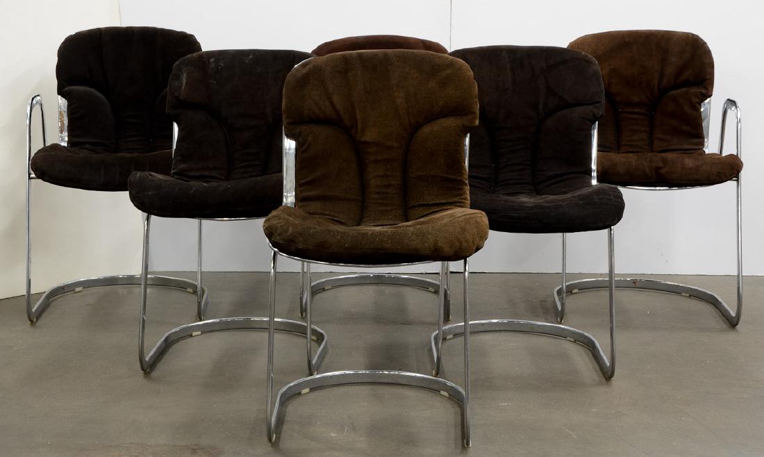 Six Cidue Italian Modern Chrome Chairs: Chrome Steel mid century Modern With Brown Suede Pads. Six arm chairs each measuring 32" tall, 17" wide, 21" deep. some light pitting to chrome, some wear to seat pads, overall good. label reads CiDue