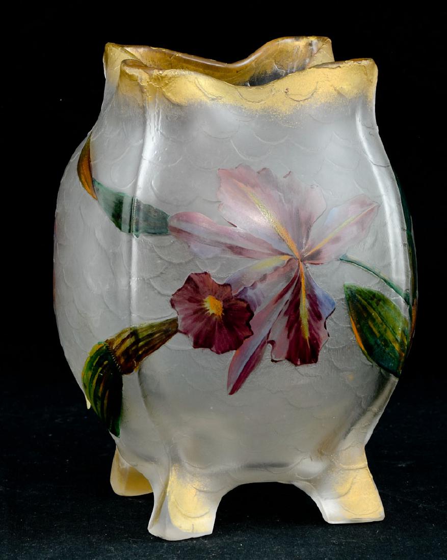 Mont Joye Cameo Glass Vase: Enamel decorated art glass Vase. French, Early 20th Century. Ground Pontil, Unsigned. Teeny Tiny chips to feet, otherwise, excellent. 7.5" tall, 6.5" wide.