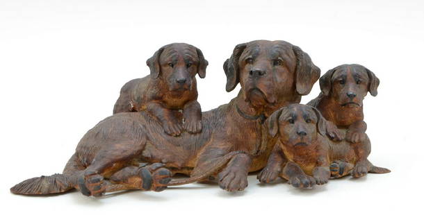 Black Forest Dog Group: Late 19th or Early 20th Century. Hand Carved Wood, Swiss Black Forrest Mother Dog with Three pups. St. Bernard or Rottweiler. Finely Detailed, Glass Eyes. Signed on the bottom: Sculptures Interlaken S