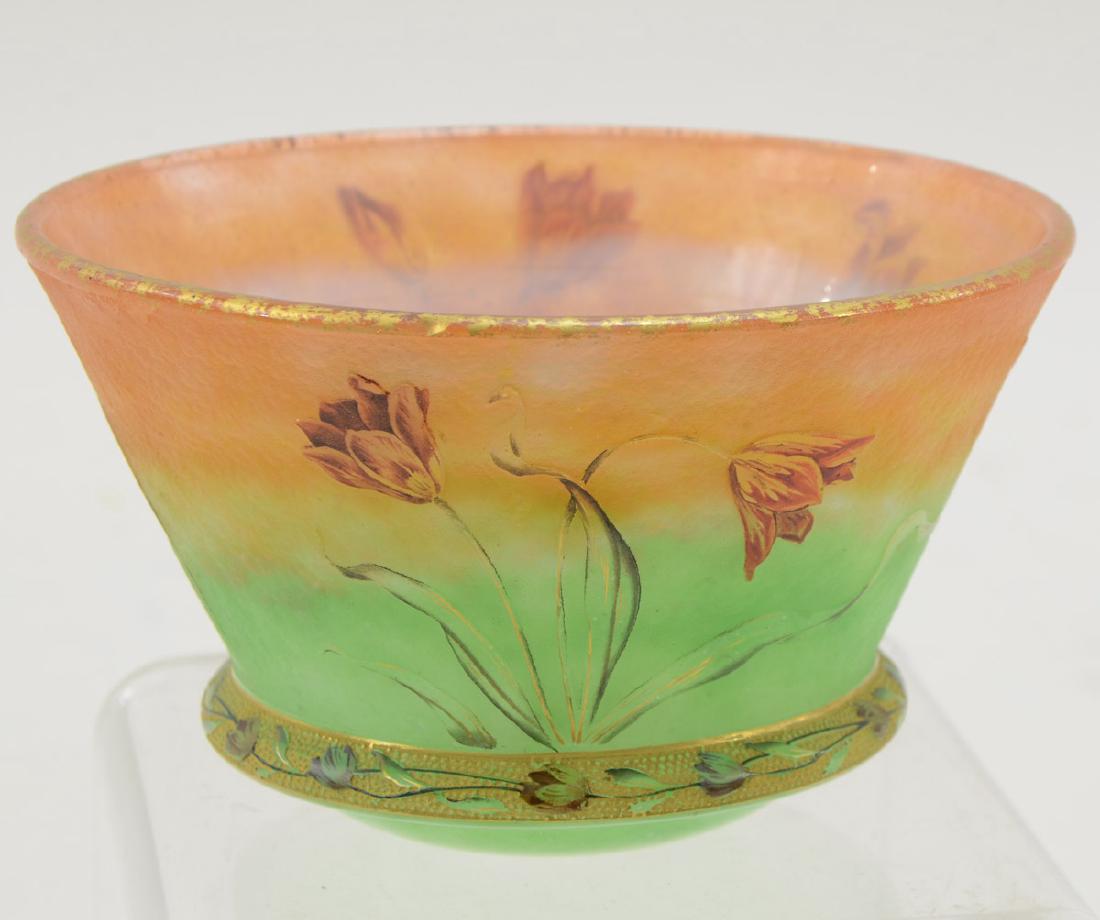 Daum Nancy Cameo Glass Bowl: Cameo Carved and Enamel decorated flowers. Signed in gilt enamel on ground pontil Carefully inspected and free from any damage, chips, or repairs. 2.75" tall, 4.5" diameter. Keywords: French, France,
