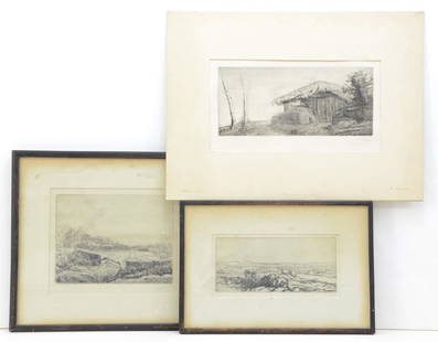 Alphonse Legros: Three Etchings: One in folio, and two framed (not inspected out of the frames) All Pencil Signed Lower right, Original Harlow, McDonald Co. Gallery Labels, with handwritten provenance from the artists collection. Key