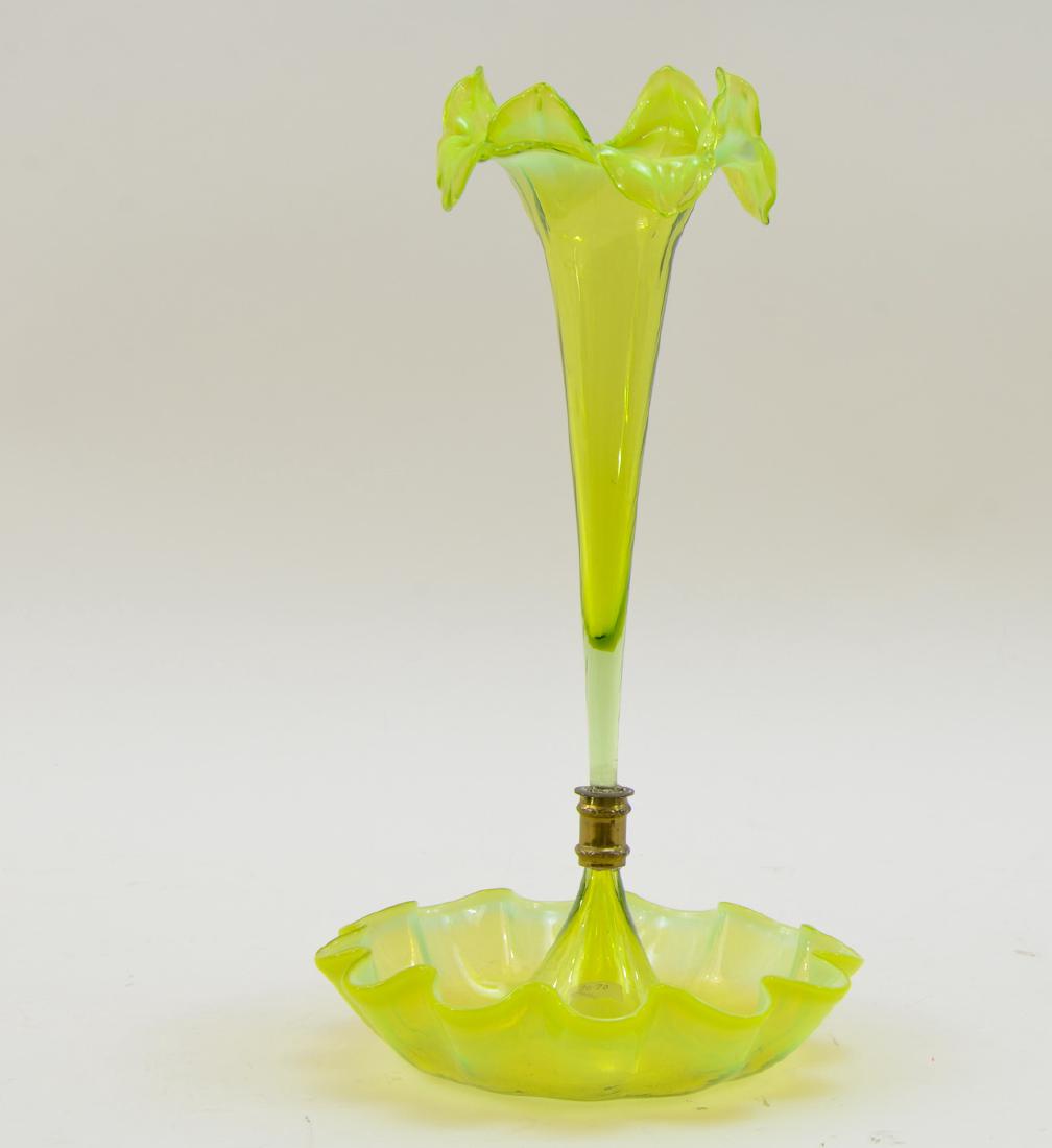 English Art Glass Egergne: Fine Antique Art Glass Epergne in Yellow / Green Vaseline Glass. Late 19th or Early 20th Century, 14.5" tall, 8" wide. One tiny flea-bit to base, and one very tiny lin on the upper rim. Keywords: Vict