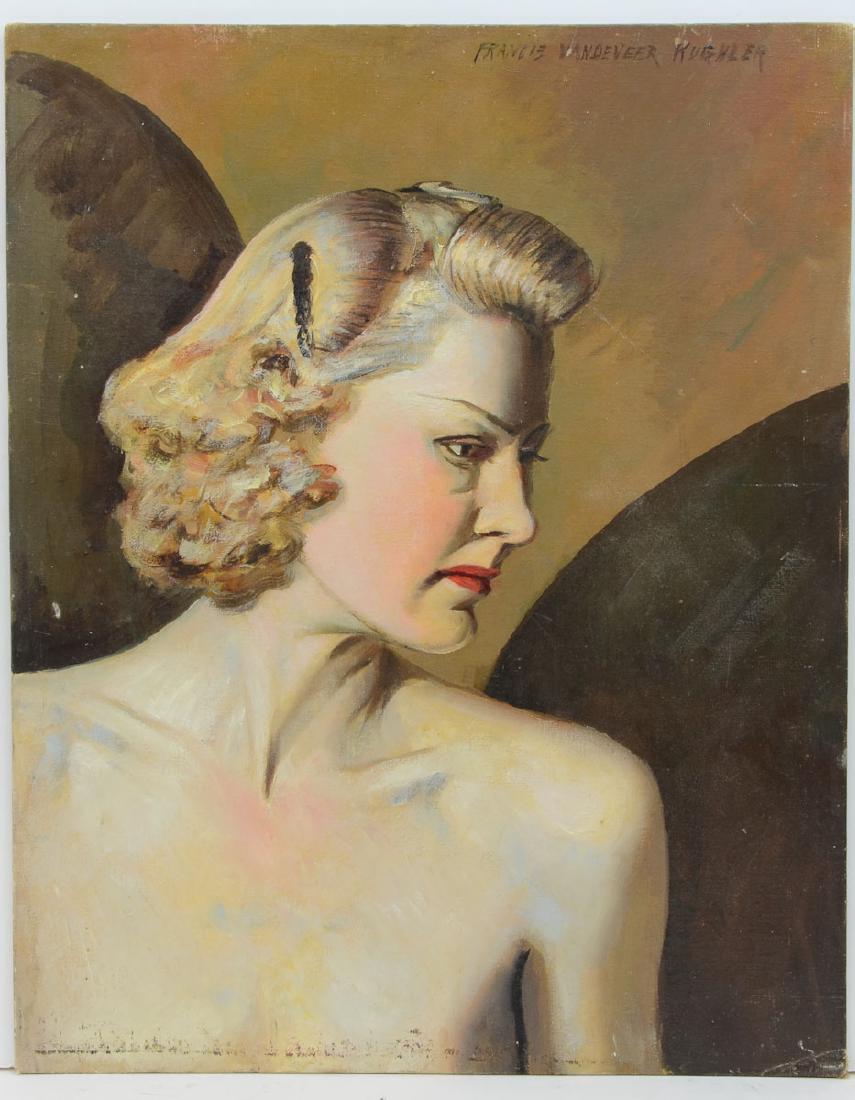 Francis Vandeveer Kughler Portrait: Oil on board, signed upper right. Titlted en verso " The Soiled Angel" Unframed, margin marks from previous frame, otherwise clean and bright. work measures 16" x 20" Keywords: Art, Artist, Vintage, N