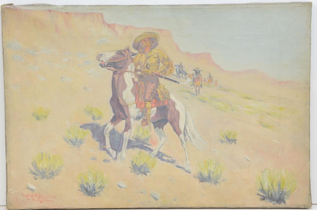 After Frederic Remington: Horse and Rider: Signed Pasquale Fappinno 1918 -Remington- Oil on Canvas, unframed. Measures 12" x 18" Pencil signed on the stretcher. overall good. Keywords: Old West Art Artist, Illustration, Copy, Cowboy, Rifle