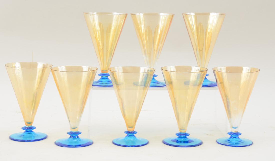 8 pcs Art Deco Czech Stemware: Amber Lustre and Cobalt glasses or Stems. Each 6" tall. unsigned. Keywords: Bohemian, Bimini, Topaz, Blue, Cocktail, Wine, Water, glass, Vintage, Luster