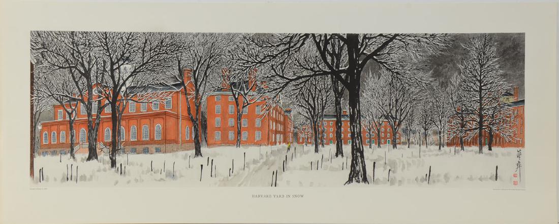 Harvard Yard in Snow: Chiang Yee: Copyright Chiang Yee 1960. Collotype print. Sheet size: 37" x 15" Very good condition, Unframed. minor handling at the margins. Original Print from the Meriden Gravure Archives. Keywords: Boston, Univ