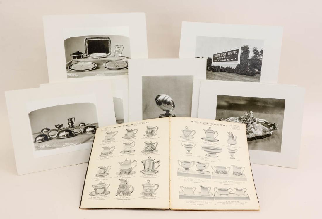 Wallace Silversmiths Photos and Catalog: Seven 8" x 10" Black and White Photos laid to board, along with an original 1910-1911 Silver plated Hollow ware Catalog for Wallace of Wallingford CT. Catalog shows wear, photos are very good.