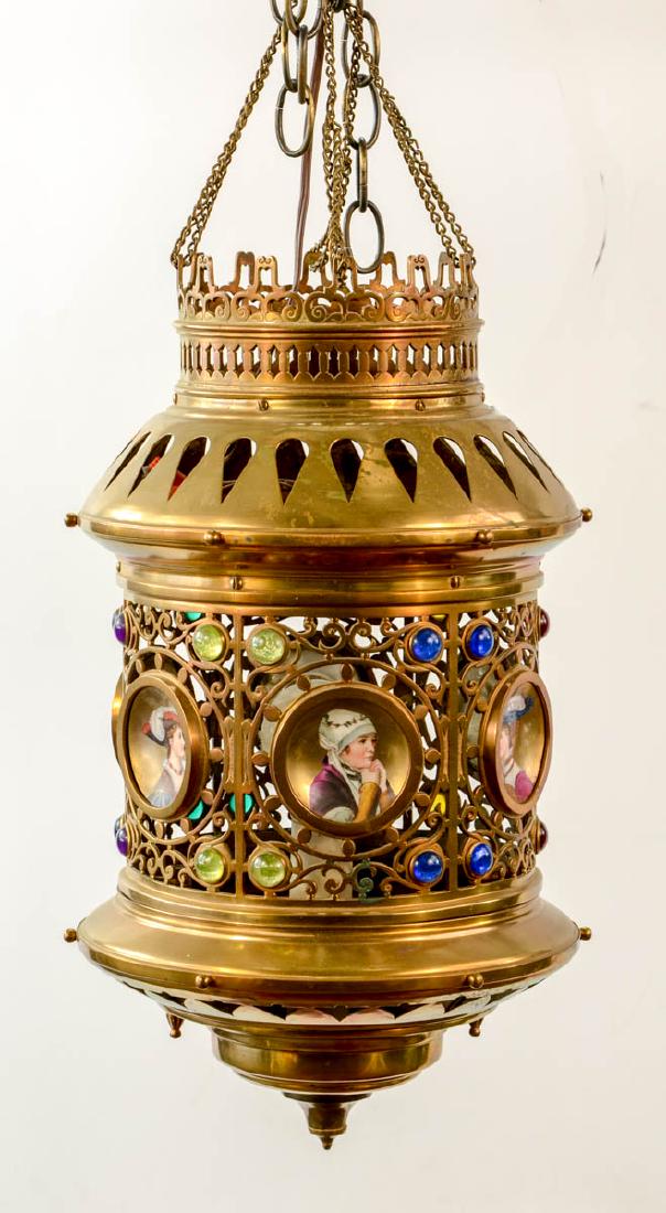 Victorian Jeweled Brass Hanging Lamp (1 of 3)