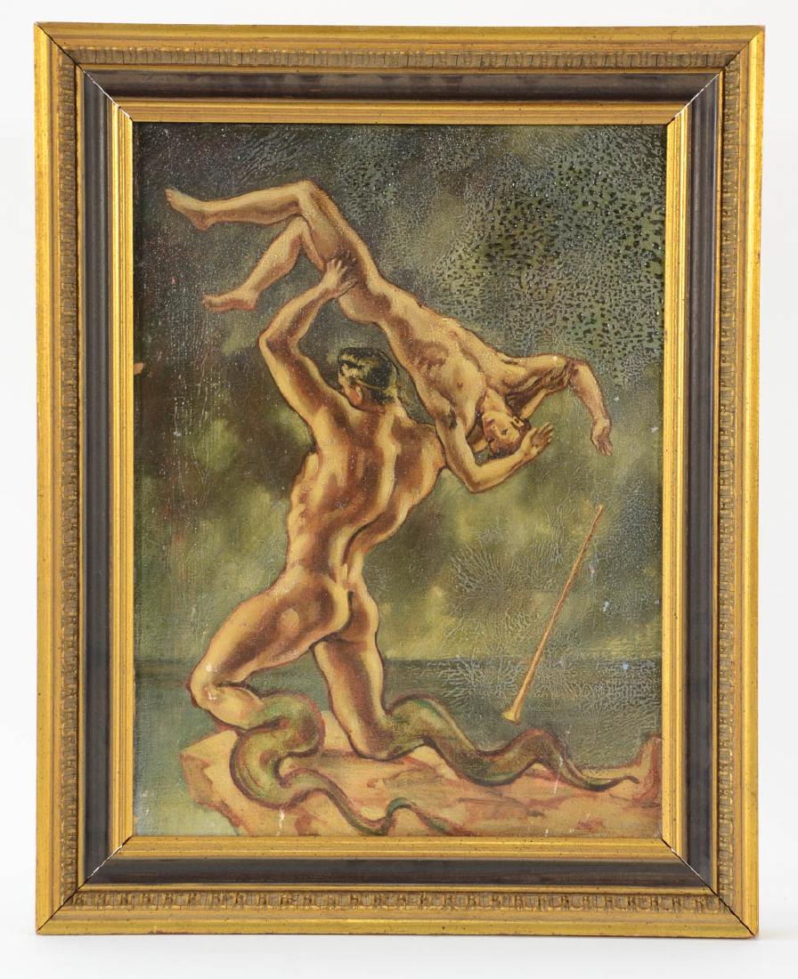 William Horace Littlefield: Oil on Canvas, signed en verso. Reads: Wm H. Littlefield 1942 Triton + Mischus 12" x 16" Work measures 12" x 16" frame measure 16" x 20". Canvas is a little slack, a few spots of surface loss, lost of