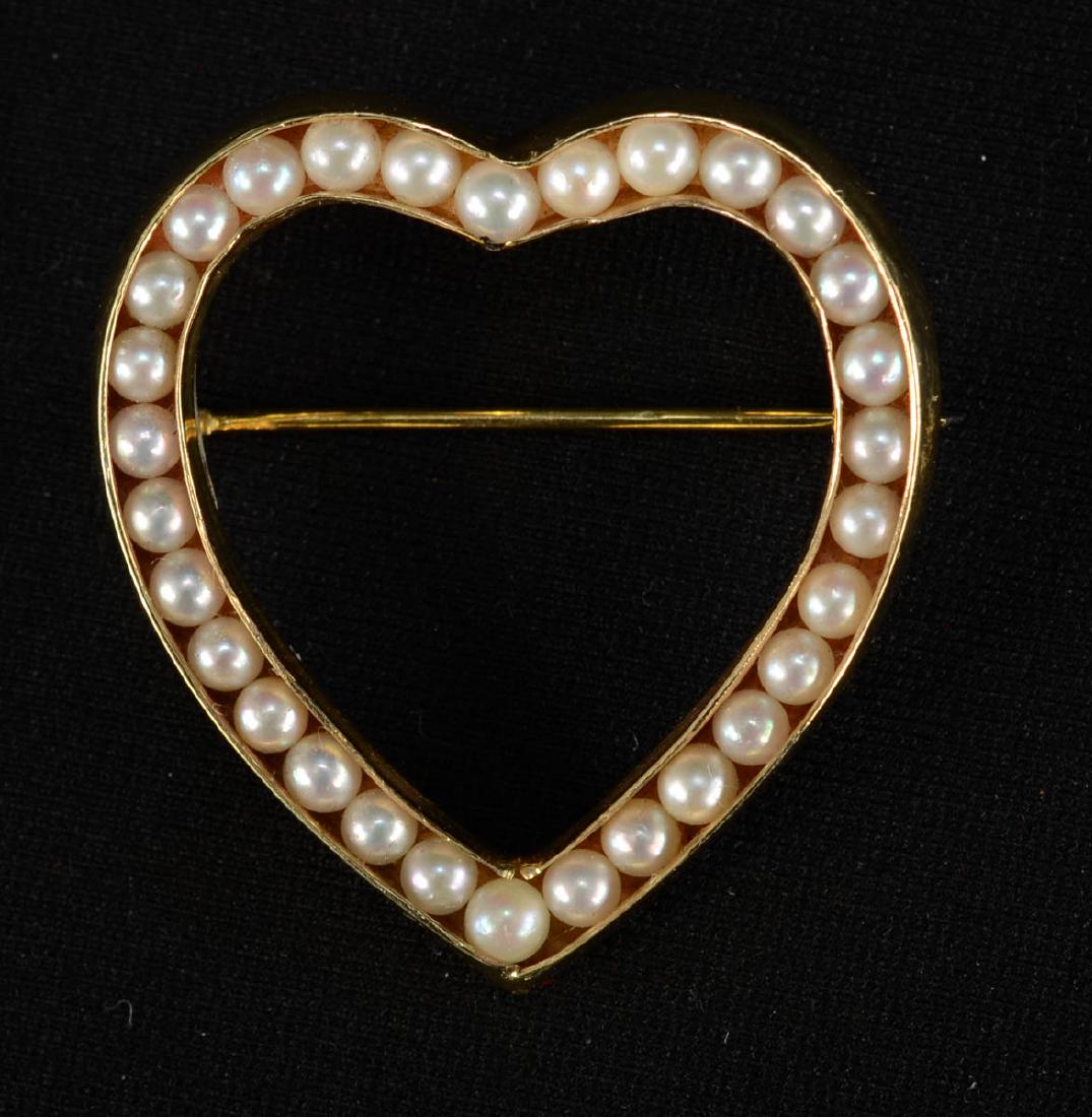 14K Seed Pearl Heart Pin: 14K Yellow gold and channel set seed pearls. 1.25" x 1.25" 3.7 dwt / 5.8 grams. good condition. First half 20th Century Keywords: Antique Vintage, Victorian, Ladies
