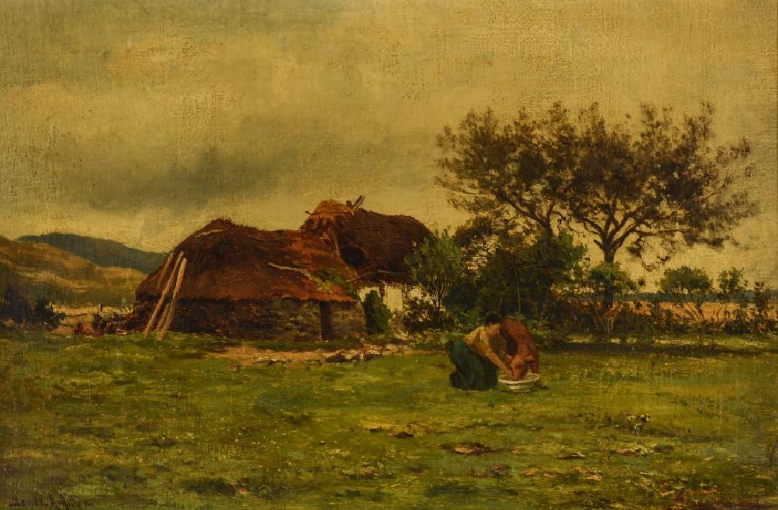 James Alfred Aitken Landscape: Oil on Canvas Painting framed. Signed lower left, James A. Aitken (British 1846-1933) Titled en verso" A Cottars Croft, Loch Eih, and signed again James A. Aitken.Â with old ownership tag bearing t