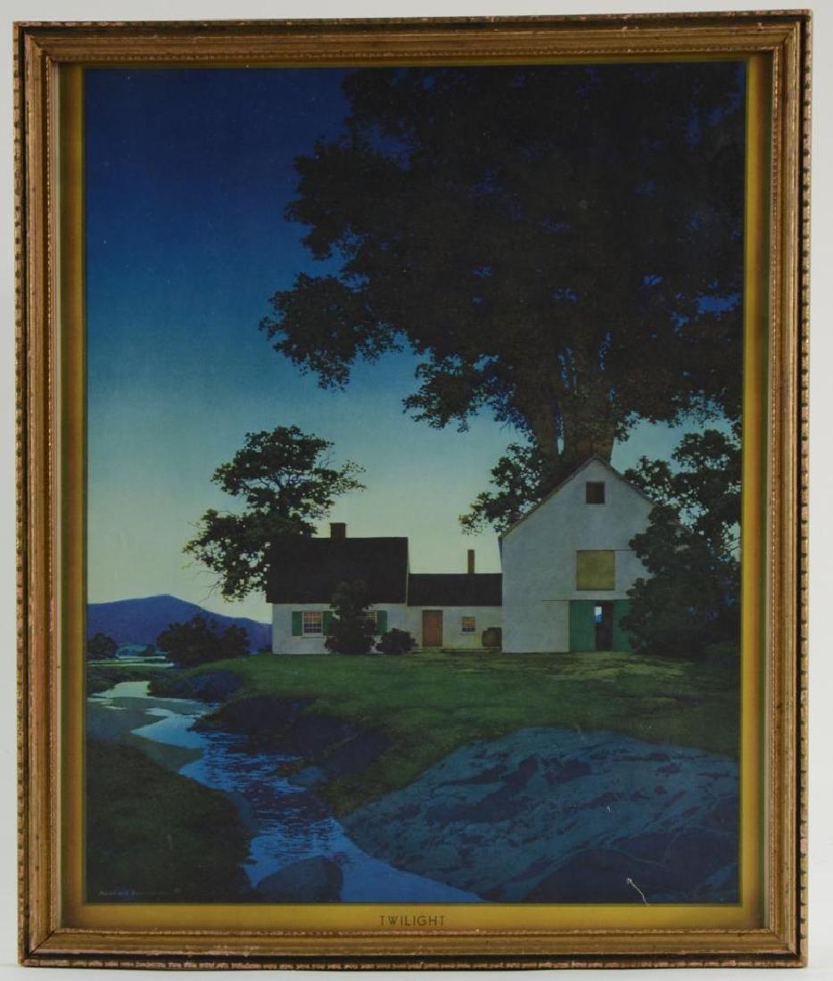 Maxfield Parrish Twilight: Color Print on paper, framed under glass. Not inspected out of the frame. Margins appear to be trimmed. approx: 11" x 13" overall. some surface marks on print, frame good.
