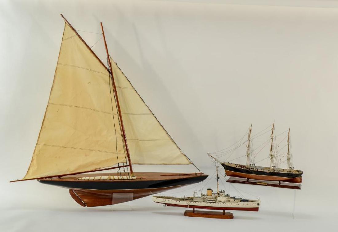 A pond Boat & 2 Ship Models: 20th Century, Decorative, unsigned Pond Boat, and Tw Ship Models: the Red Jacket, 1835 Rockland Maine, and Naval Ship Model. Models with losses, pond boat 90% condition. The largest is 36" Long.
