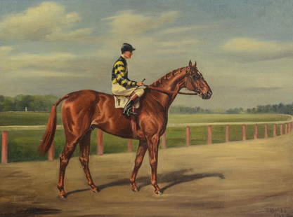 Franklin Brooke Voss: Man O' War: Oil on Canvas Portrait of the famed American Thoroughbred Racehorse Man O' War. Signed Lower right F.B. Voss 1922. Cleaned and Restored, canvas tight (wax back stabilization on a vacuum table) No Evid