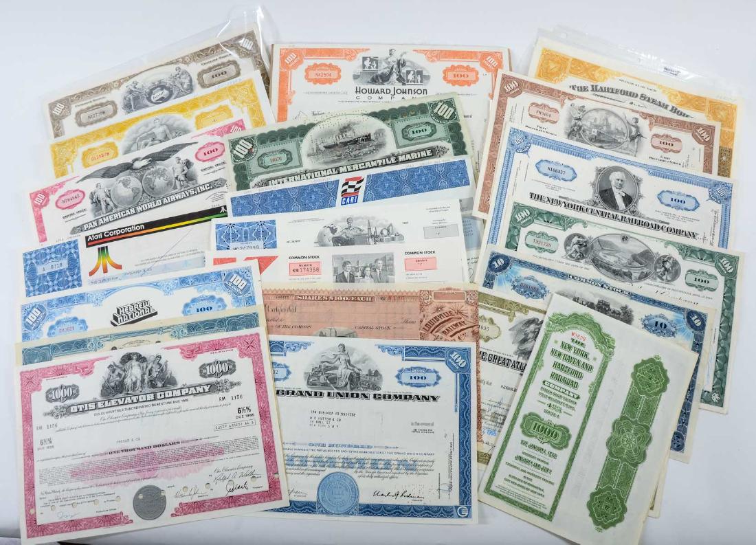 Scripophily: Estate Stock Certificates: Group of 22 Various 20th Century American Stock Certificates including: Howard Johnson, Grand Union, Pan American, New York, New Haven, Hartford Railroad, Championship Auto Racing, International Merca