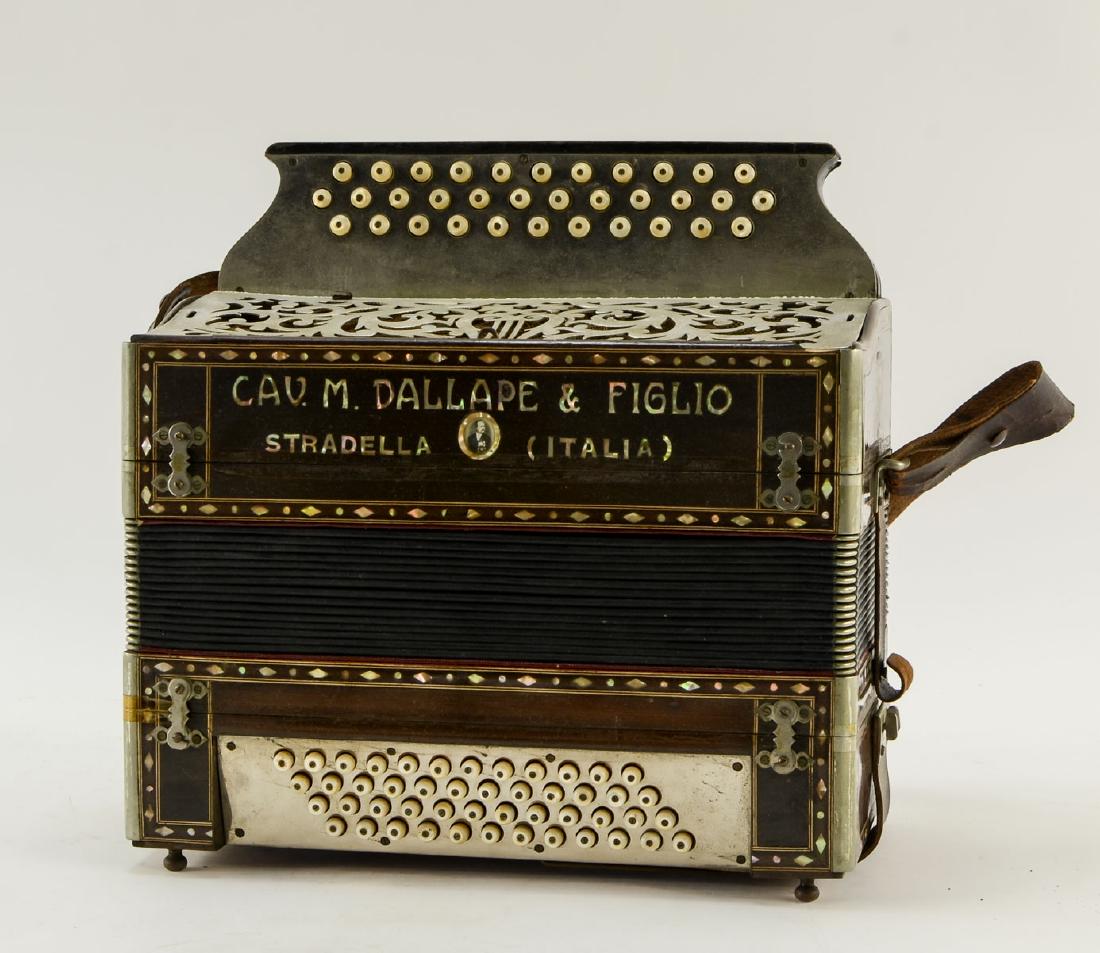 Cav. M. Dallape & Figlio Accordion: Mother of Pearl inlaid Italian Accordion. With original case. Intact, but generally in need of restoration. 15" x 9" x 14"Keywords" Italy, Antique,