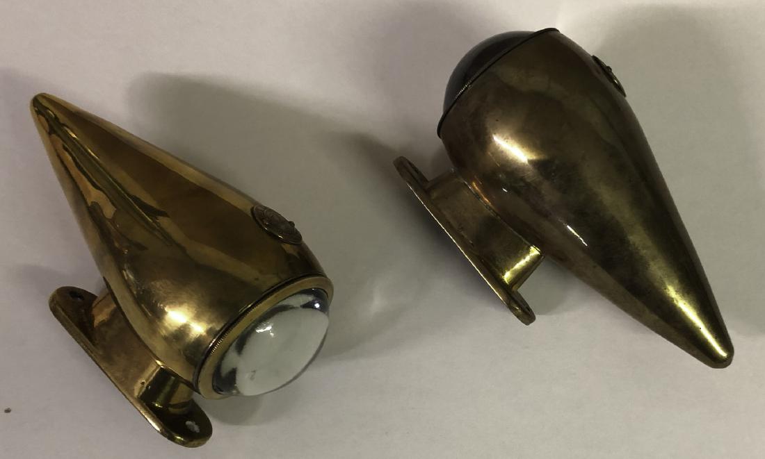 CAV torpedo brass side lights, magnifying lens: CAV torpedo brass side lights, magnifying bulls eye lens, Toby badge on each, 5.5 lg x 3 dia, quality reproduction