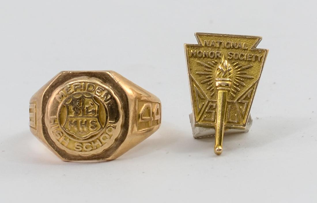 Meriden High School Class Ring & Pin: Ladies 1944 Meriden High School Class ring set in 10K Yellow Gold together with a gold filled national Honor Society Pin (gold filled). Ring weighs 4 dwt / 6.3 grams. Both Pieces monogrammed. In a vin
