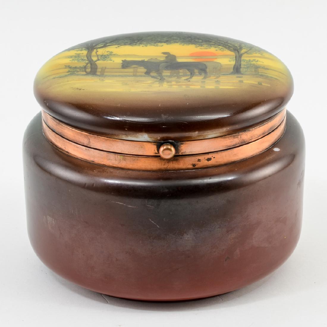 Handel Ware Glass collar Box: Arts & Crafts, Sunset Horse and Rider Scene Hand Painted on lid. Copper Mounts, Black Handelware stamp on bottom, hand numbered 4060/K. Surface marks and minor losses, plus a fine tight crack on base
