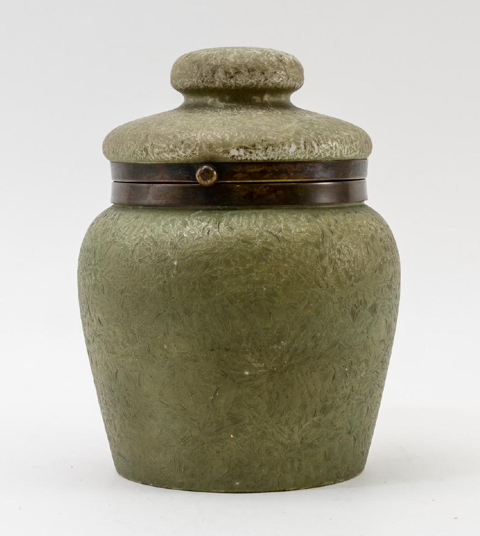 Handel ware matte green glass Tobacco Jar: Opal or Pearl ware glass hinged pipe tobacco humidor. matte green Painted finish, brass Mounts, Black Handelware Stamp and #4091/XJ on base. Some surface marks and varied fading of paint, notably on l