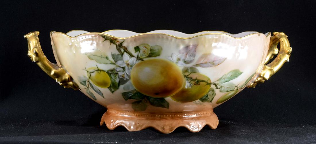 Handel Ware Hand Painted bowl: Antique T&V Limoges French Porcelain centerpiece or handled fruit bowl Decorated by the Handel Company of Meriden CT. Orange Tree fruit and blossom pattern. Artist Signed G. Lockrow for George Lockrow