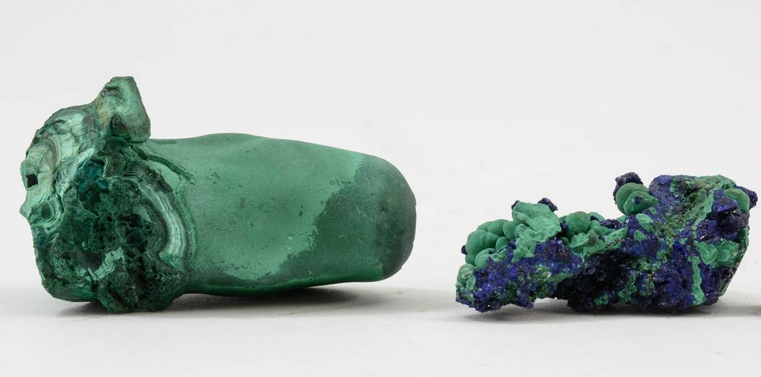 Two Malachite Azurite Specimens: The first a specimen from Mashamba West Mine Kolwezi, Katanga, Democratic Republic of the Congo: 6.5 cm x 3.5 cm. the second: Azurite Malachite from the Holbrook Extension Bisbee, Cochise County, Ariz