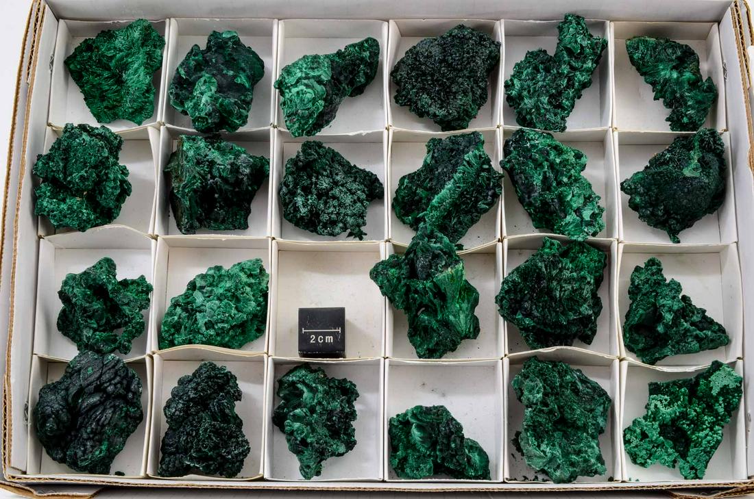 23 Pcs Malachite: All vivid Green Attractive Small Cabinet Size Specimens. Origin Unknown. Each approximately 6-8 cm. Gross weight 2 kg. Keywords: Rock, Mineral, Specimen, Gem, Gemstone, Crystal, PLEASE JOIN US LIVE AF