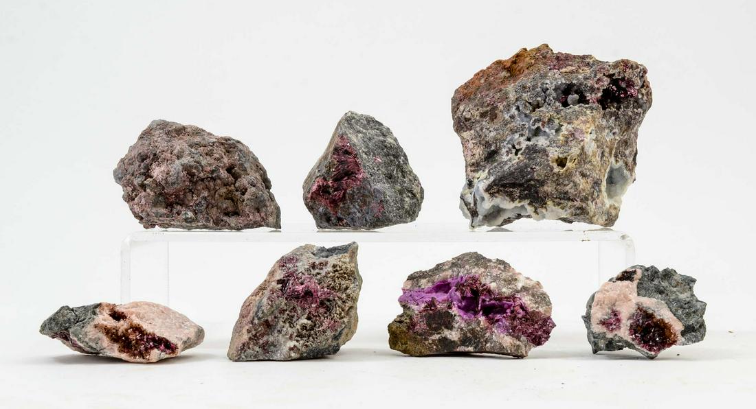 7 pcs Erythrite and Roselite: Two Pcs Roselite, Five Pcs Erythrite, Various sources and origins including Stone Trust, Old Czech Museum tags, Boua Azzer, Morocco, etc. 1.3 kg total, largest dimension: 11 cm. Keywords: Rock, Minera