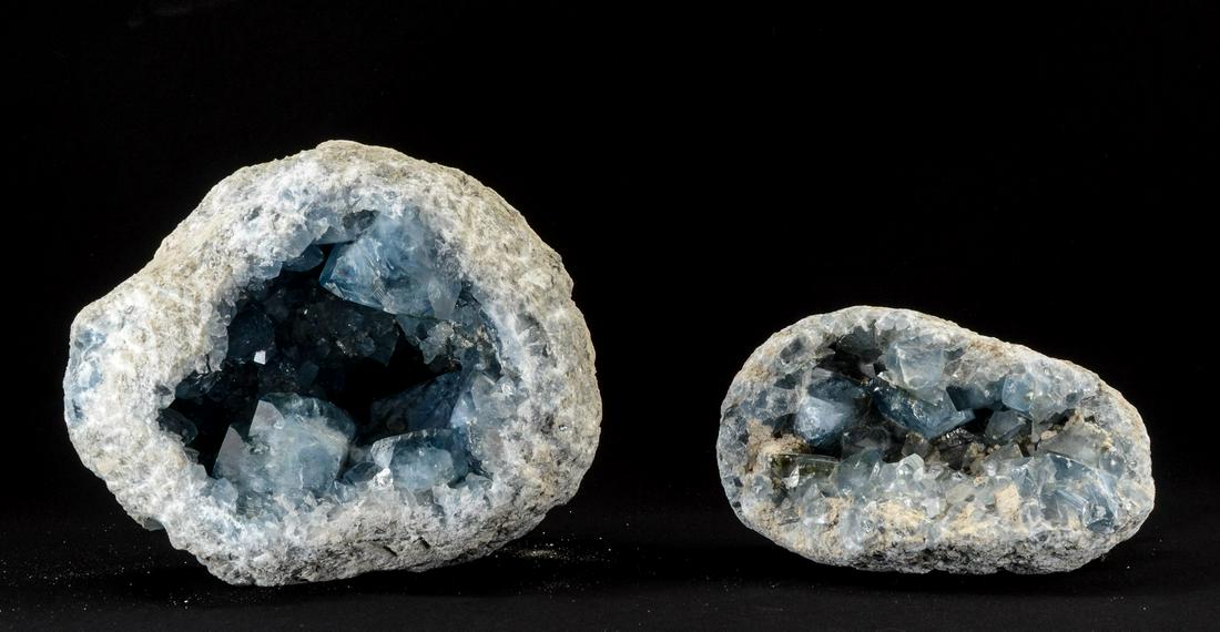 Two Large Celestite Geodes: Madagascar, Total weight: 13.1 kg. Largest dimension: 23 cm. Keywords: Rock, Mineral, Specimen, Gem, Gemstone, Crystal, PLEASE JOIN US LIVE AFTER THE ONLINE AUCTION! Special In-Person Wholesale and de
