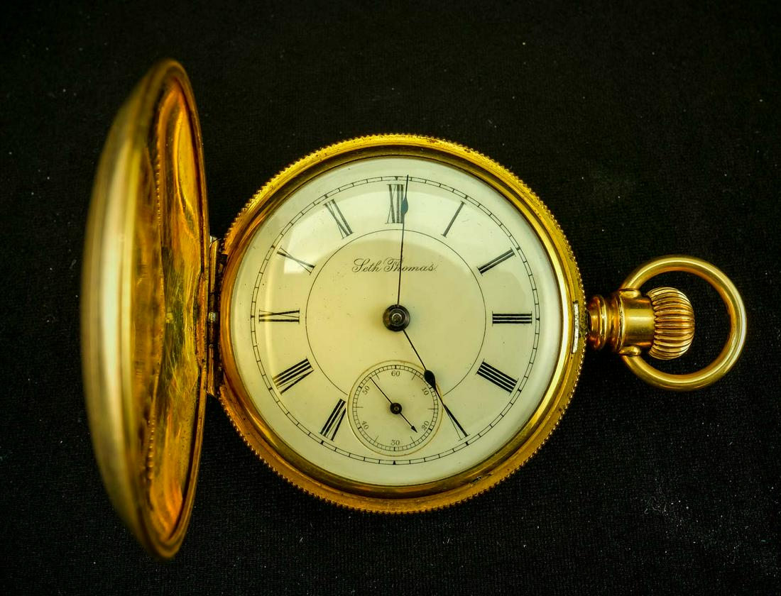 Seth Thomas Hunter Case Pocket Watch: Size 18, Model 2 Eagle Series Movement, Engine Turned Gold filled Hunter Case, LS, SW, 15j, Winds, Sets, and runs. SN: 508551, Circa 1892-93. Overall excellent condition, with very clean jeweled case 