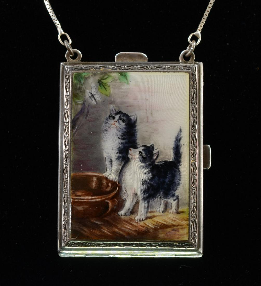Sterling Silver Enamel Kitten Compact: Ladies Sterling Silver Guilloche Enamel Compact or Necessaire. Hallmarked STERLING 935 M Depose. With Intricate interior including Fold Out Mirror, Two Lipstick Tubes, and Capped Perfume. Engraved Art