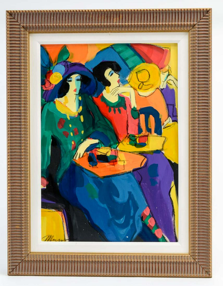 Isaac Maimon: Original Acrylic on Canvas: Signed Lower left: Maimon. Two Women at a cafe. Untitled. Excellent Condition, Work measures 16.5" x 23.5" Frame Measures: 23.56" x 30.5"