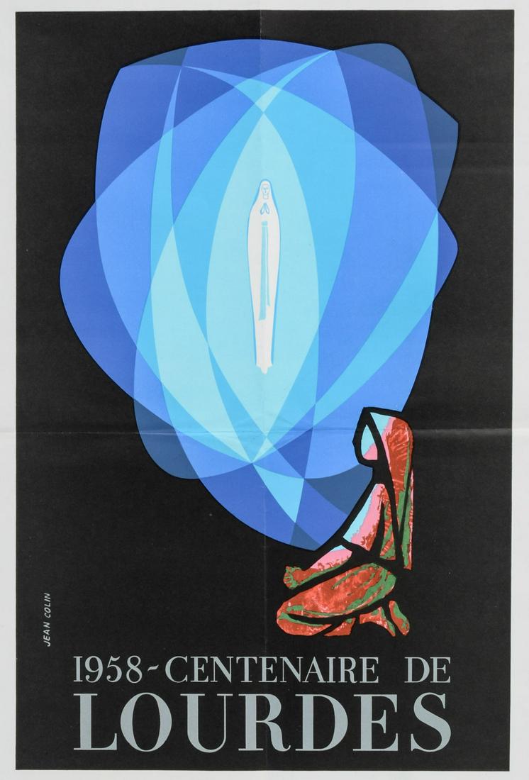 Vintage French Travel Poster: 1958 Centenaire De Lourdes, French National Railroads poster by Jean Colin. by R. C. Seine. Printed in France. 15.75" x 23.75" Good to very good condition, some edge handling, string colors.