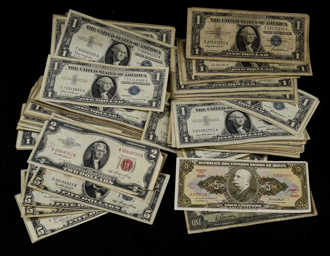 Estate Collection of US Currency: Includes $1 Silver Certificates, $2 Red Seal notes, $5 blue seal notes, Several Star Notes, and two Random Foreign Notes. Total Face Value: $172 Condition varies, mostly circulated.