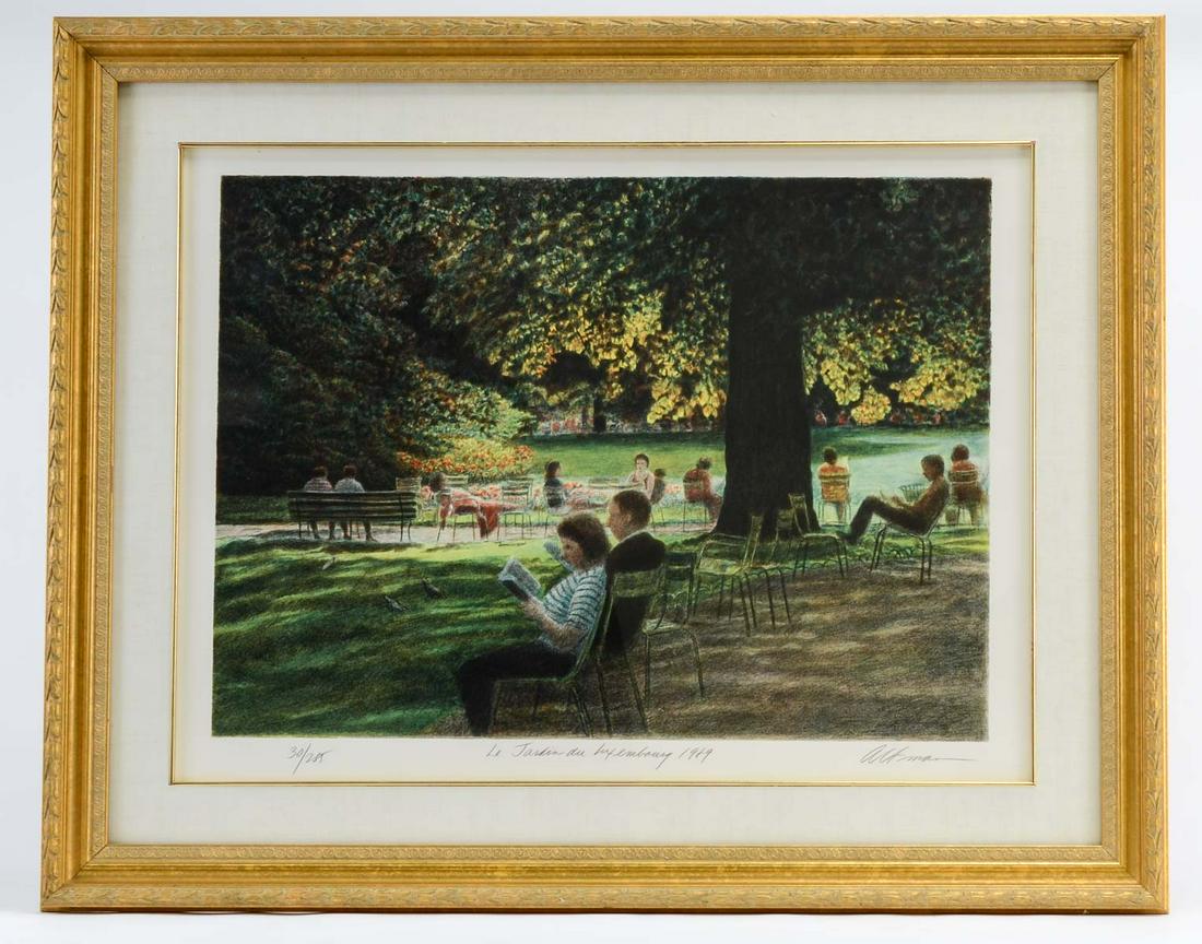 Harold Altman Lithograph: Lithograph on paper, framed under glass, not inspected out of the frame. Numbered and Titled: 30/285 Le Jardin du Luxembourg 1989 Altman. Image measures 25" x 18", frame measures 29" x 36" Excellent c