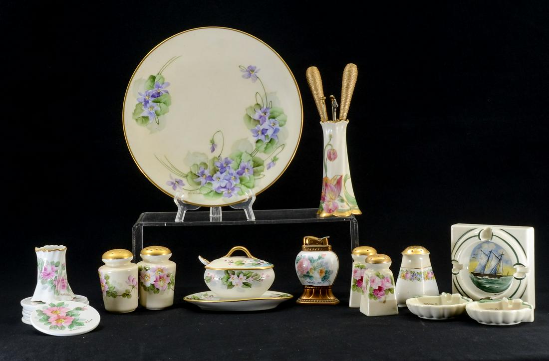 Walter Wilson Hand Painted Porcelain: Group of Mixed Pattern Walter Wilson Hand Painted China and Porcelain Including Violets Plate, Salt and pepper Shakers, Coasters, Ash Trays, Mustard Pot, Hatpin Holder, Lighter, etc. All in good condi