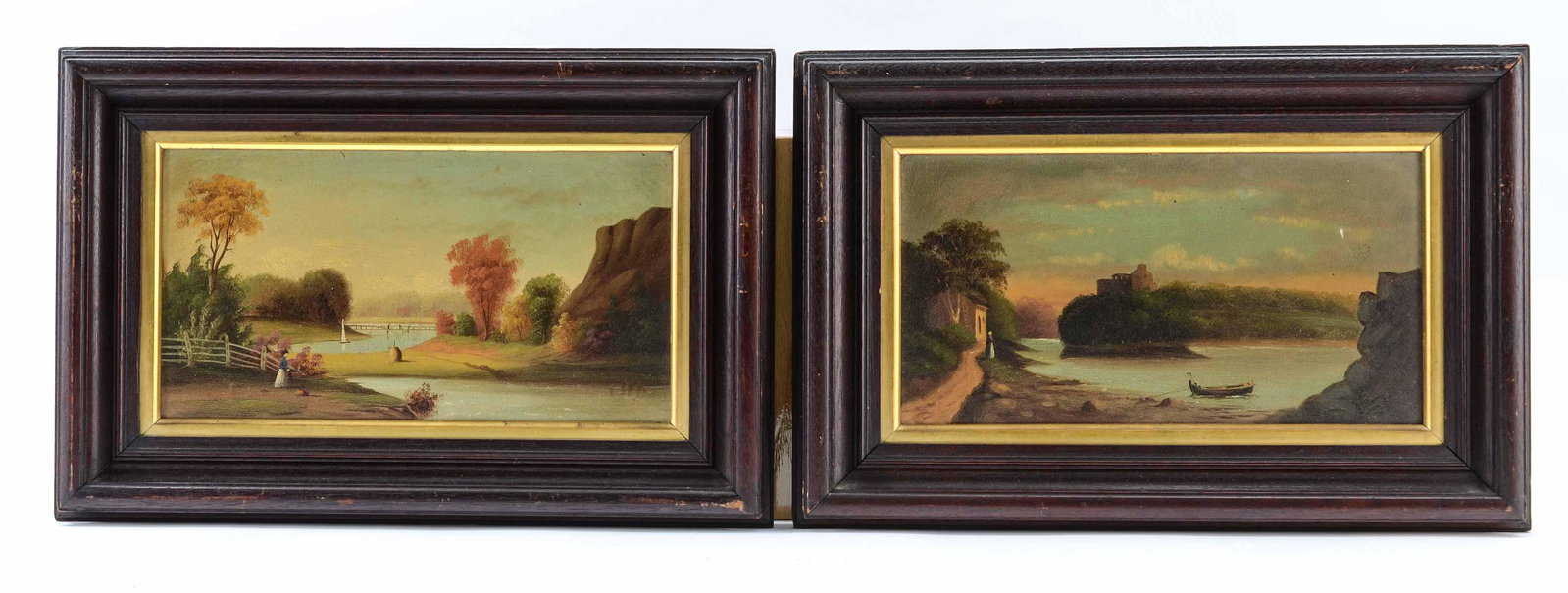 Two 19th C. Oil on Board Landscapes: Hudson River Style Oil on Board Landscapes. Unsigned. Works measure 6" x 11". Antique Gilt and Walnut Frames measure 15" x 10" each. Very good condition, slight age darkening, minor contact marks to f