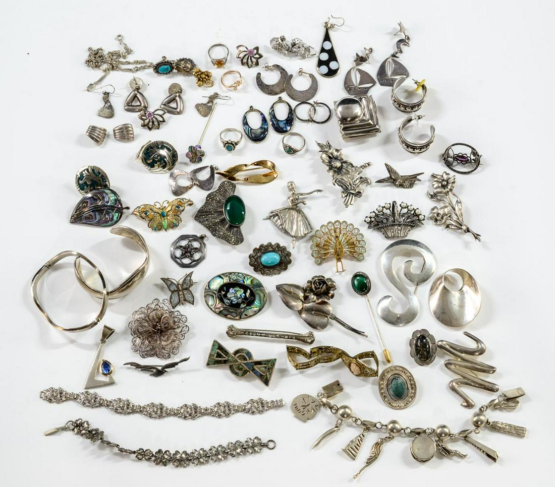 Estate Sterling Jewelry Group: Excellent lot of Sterling Silver Jewelry including Earrings, Cameo Bracelet, Cuff Bracelet, Filigree Pins, Stick Pins, Mexico, Mexican, Taxco, Israel, Turquoise, Native American, Southwest, Marcasite,