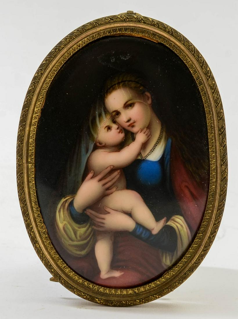 Painting on Porcelain: Madonna and Child: Grand Tour Style. Continental, 19th Century, Gilt Metal Frame. Unsigned. Frame bending (marriage?). Work in good condition. Frame not opened. 5" x 3.5"Keywords: Old Master, Renaissance, Antique