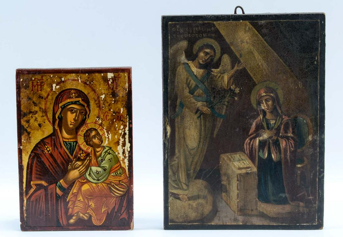 Two Hand Painted Religious Icons: On Wood panels, 20th Century. losses, darkening. the largest: 9.5" x 7". Keywords: Greek, Catholic, Orthodox, Christian, Virgin Mary, Angel,