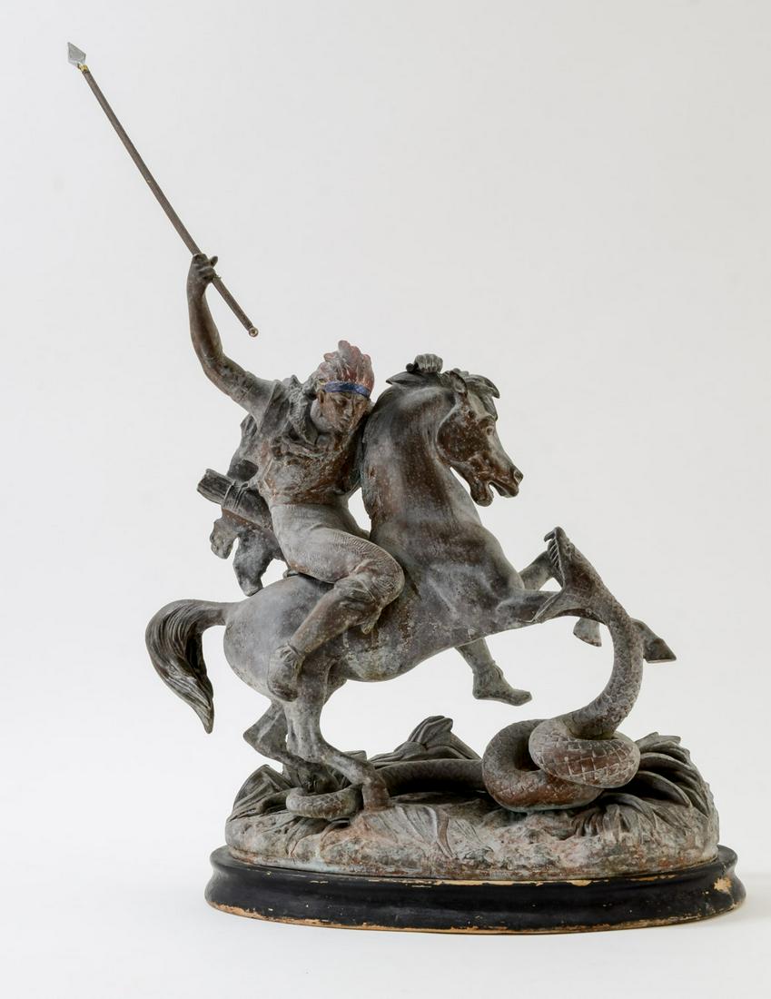 Cast Metal Figure of a Native American: 19th Century, Painted Cast Metal Figure of an Indian wearing a war bonnet, riding a Horse and Spearing a Snake. Reminiscent of St. George Slaying the Serpent. Unsigned. paint loss. Mounted to a wood p