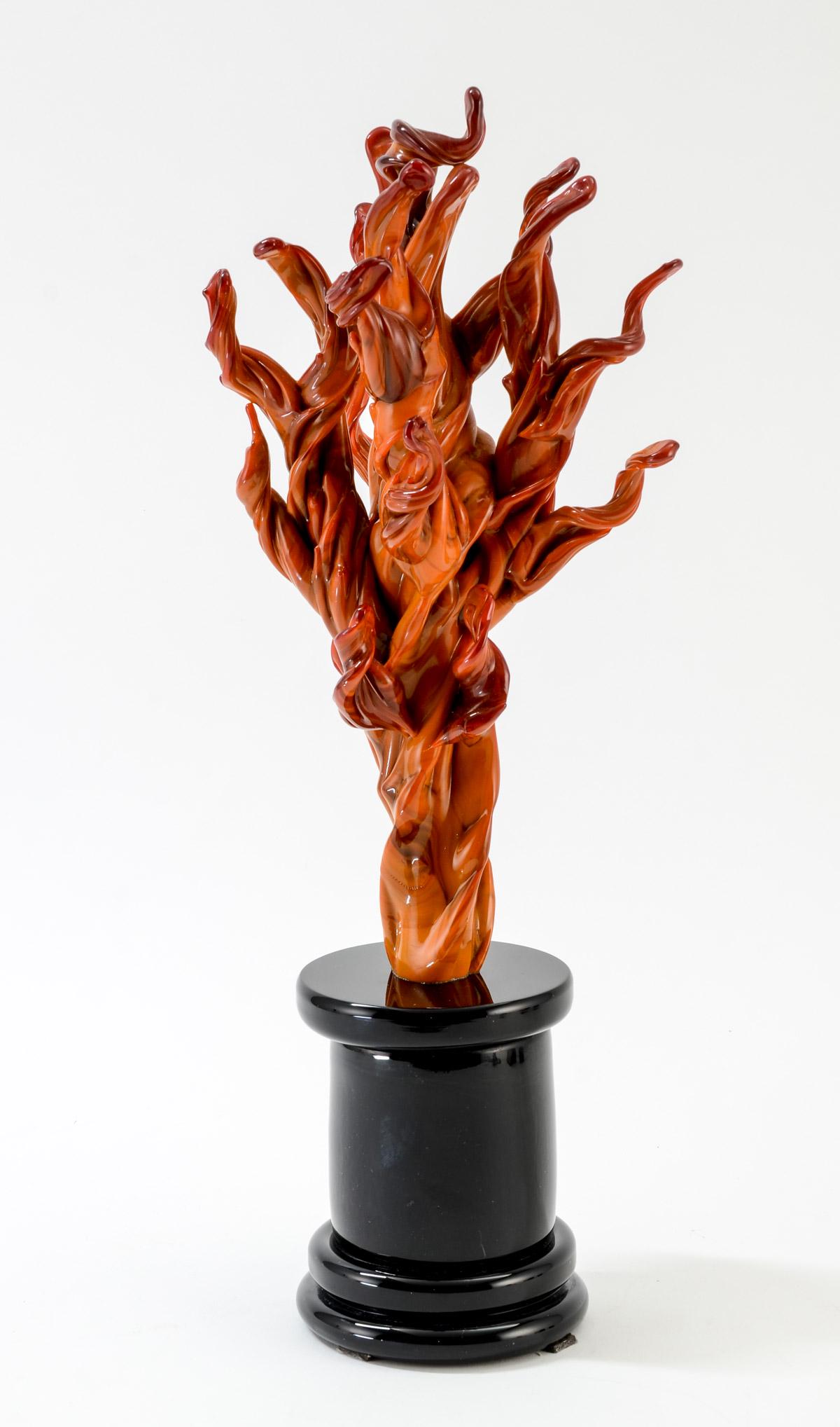 Contemporary Art Glass Tree: Lamp Worked Branches on a Hand Blown Glass Plinth with Pontil Mark. Unsigned. 17" x 6" Excellent Condition. Likely Murano, late 20th Century. Keywords: Italy, Italian, Venetian, Venini,