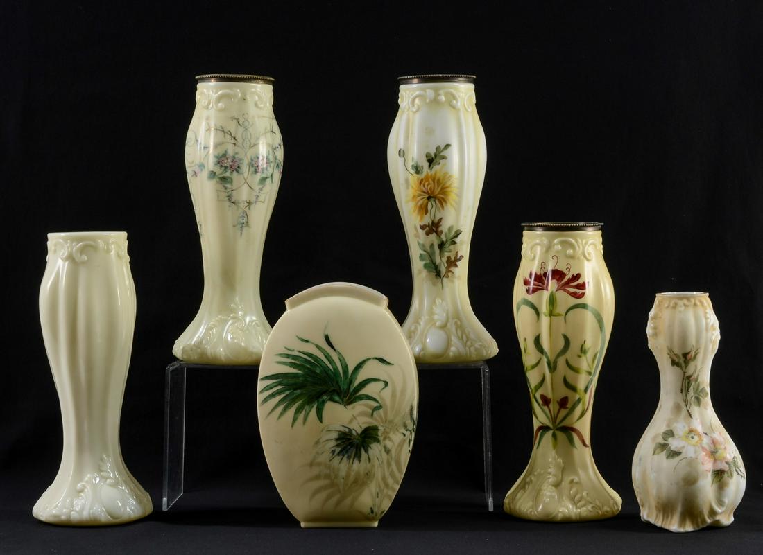 Six Handel Glass Vases: Fancy Molded Glass Lamp Bases and vases with art nouveau hand Painted Floral decoration. The Tallest: 12" Excellent condition, some scattered wear to surfaces. Signed Handel and PJ Handel Meriden Conn