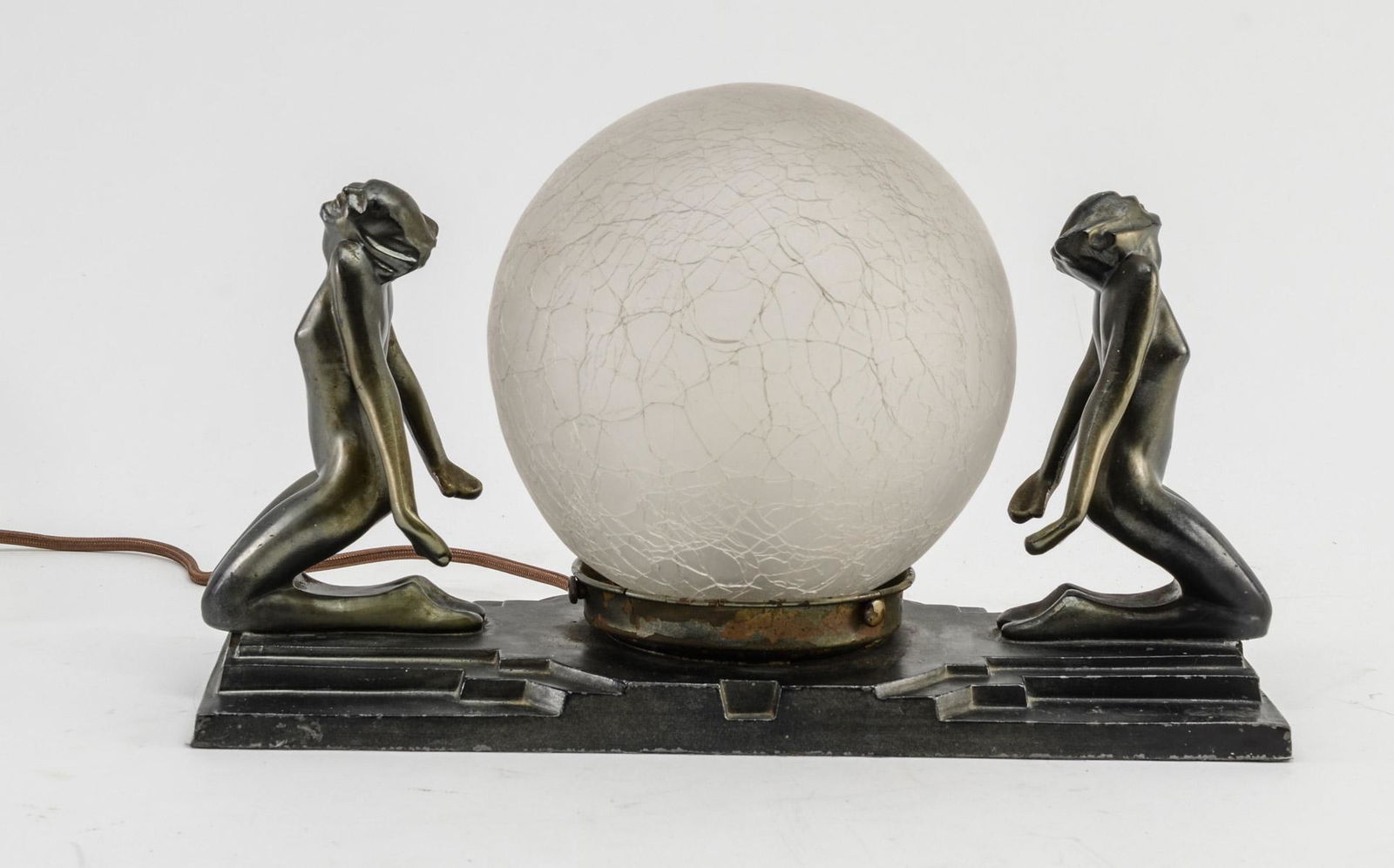 Art Deco Frankart Table Lamp: Painted Cast Metal Art Deco Nude Dancer Mantle or Desk Lamp with Frosted Crackle Glass Globe. Expertly re-wired with period style cloth cable and plug. Signed FRANK ART and PAT APPL FOR. Felt bottom.