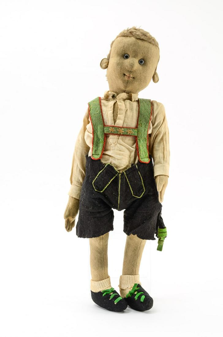 Steiff Character Doll: 19" Felt Wool Doll with Swivel Head, Jointed arms and legs, Sewn on Ears, Button Eyes, Mohair Wig, Painted Lips, Stitched fingers, Bavarian outfit with Leiderhosen, linen shirt, woven socks and Felt S