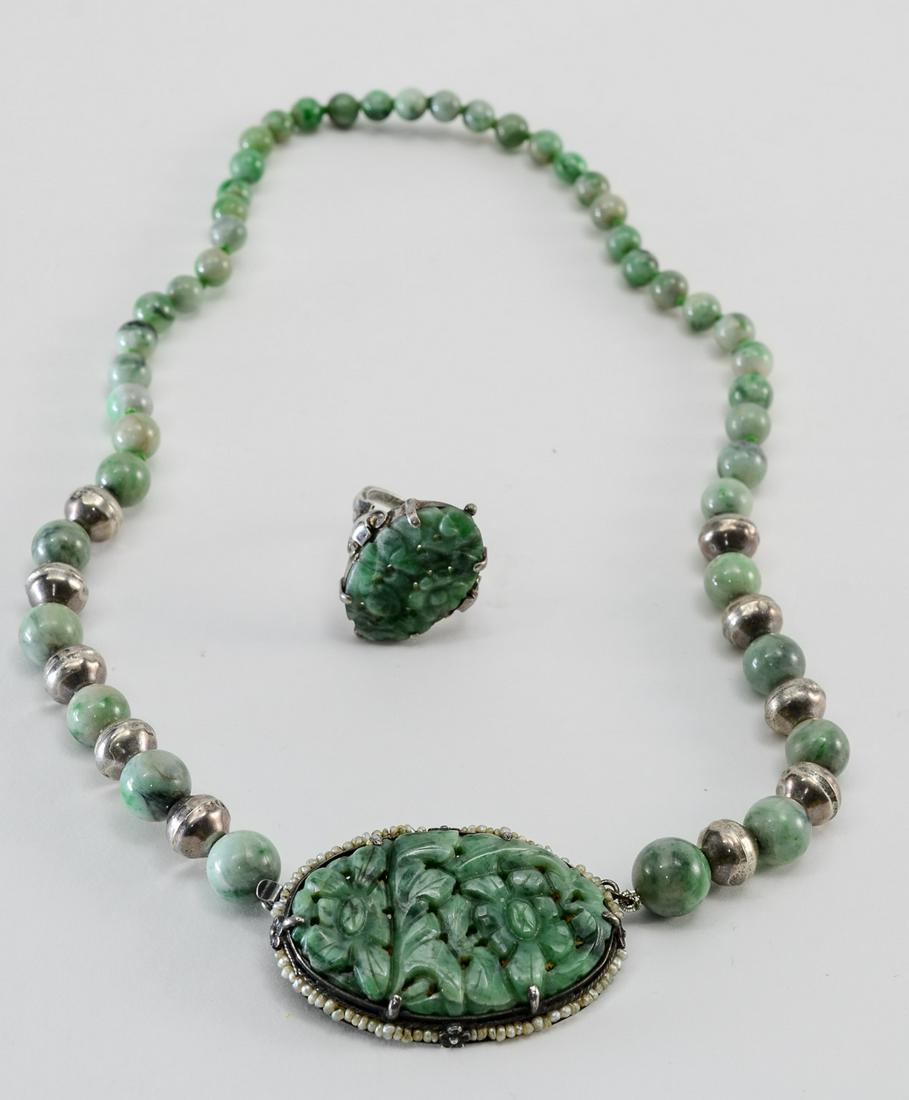 Carved Jade & Sterling Silver Necklace, Ring (1 of 4)