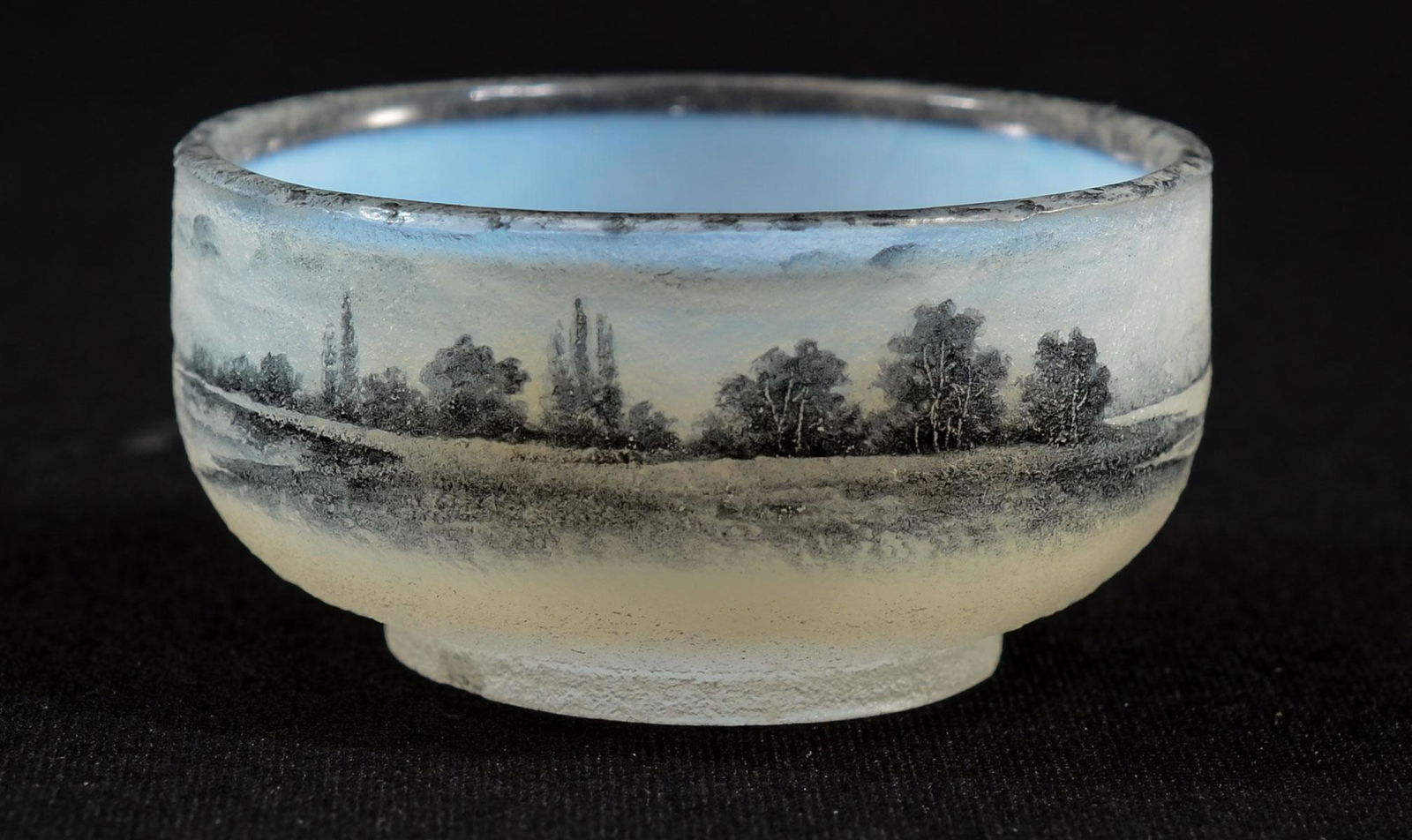 Daum Nancy Opalescent en Grissailles Open Salt: Delicate landscape with windmill, signed in gilt enamel underneath.1 7/8" diameter x 1" high. Two small / minor chips on foot, otherwise excellent condition. Keywords: Salt Cellar, Salt Dip, French Gl