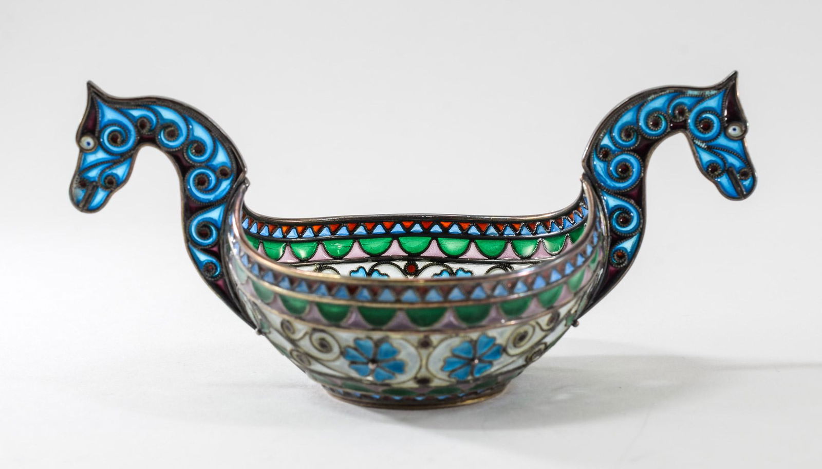 Plique a Jour Sterling Silver Vessel: UPDATE: Photos of enamel loss added. In the Viking Ship Spirit, Likely an Open Salt, by Marius Hammer, Norwegian, plique a jour, round and 2" in diameter . The dragons on each end add the total length